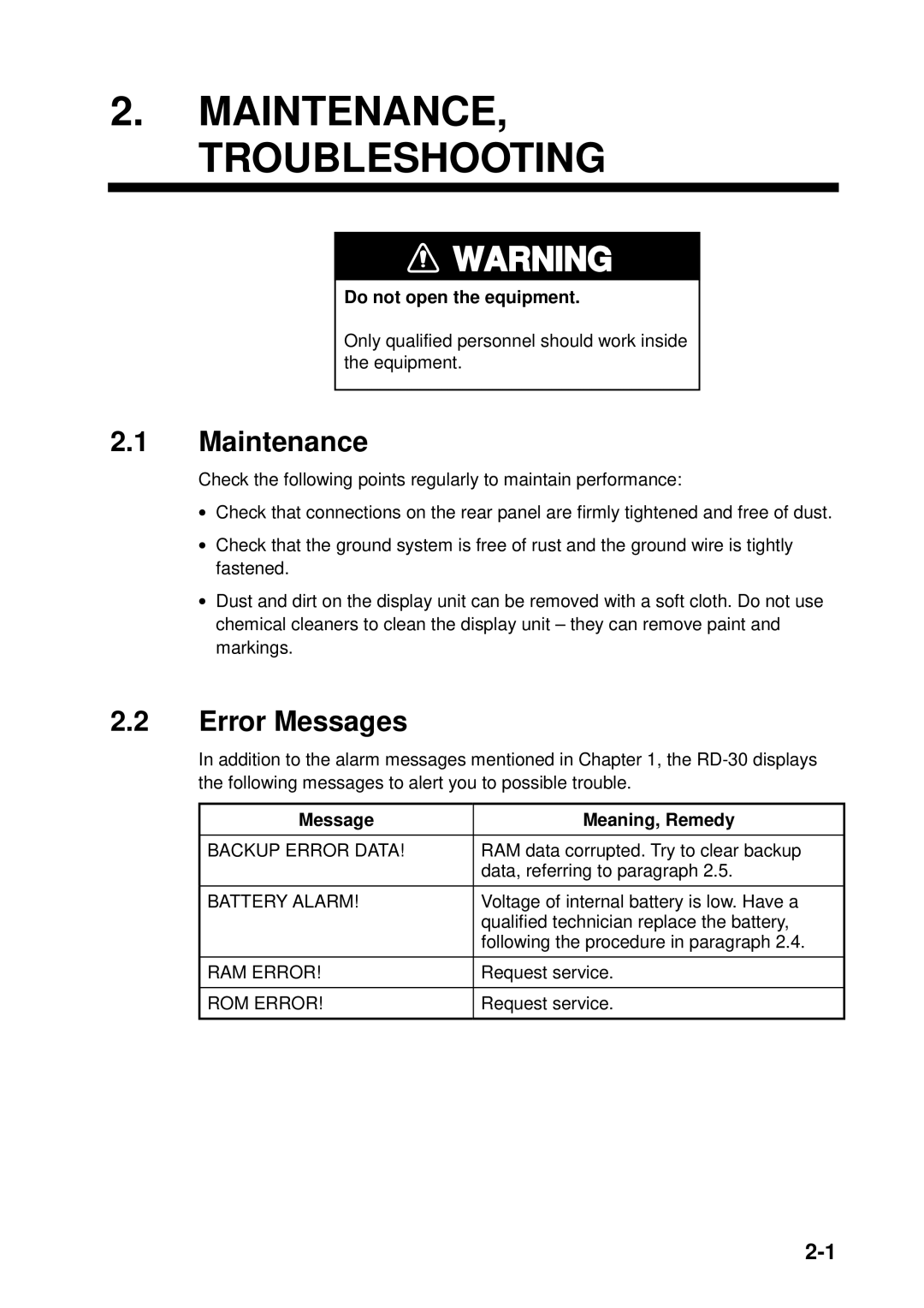 Furuno RD-30 manual MAINTENANCE, Troubleshooting 