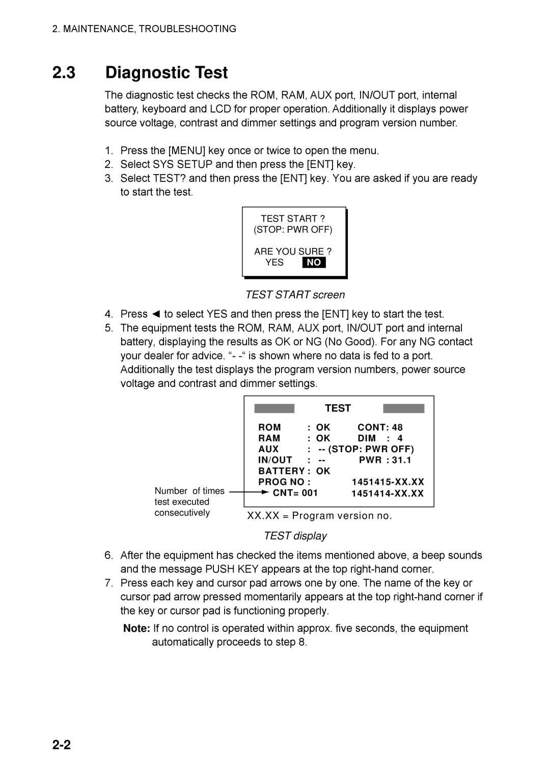 Furuno RD-30 manual Diagnostic Test, Test Start screen, Test display 