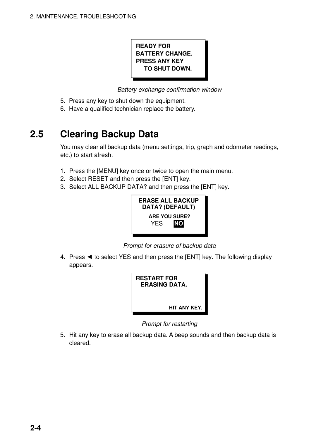 Furuno RD-30 manual Clearing Backup Data 