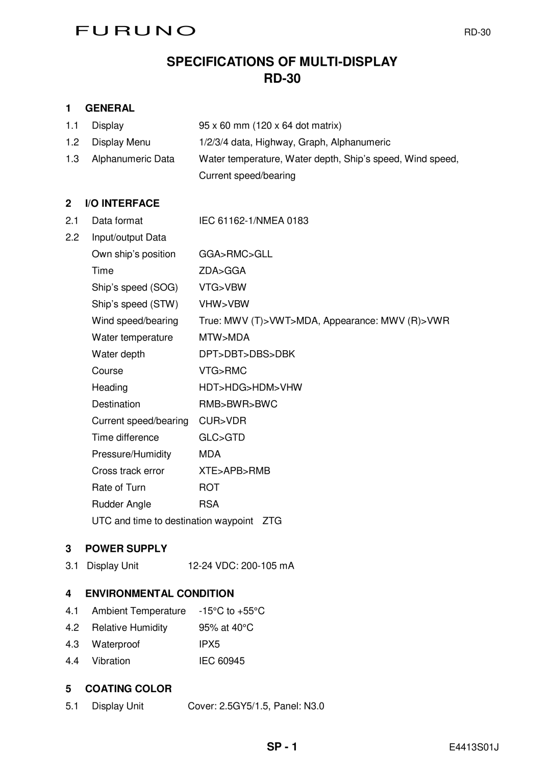 Furuno RD-30 manual Furuno Specifications of MULTI-DISPLAY 