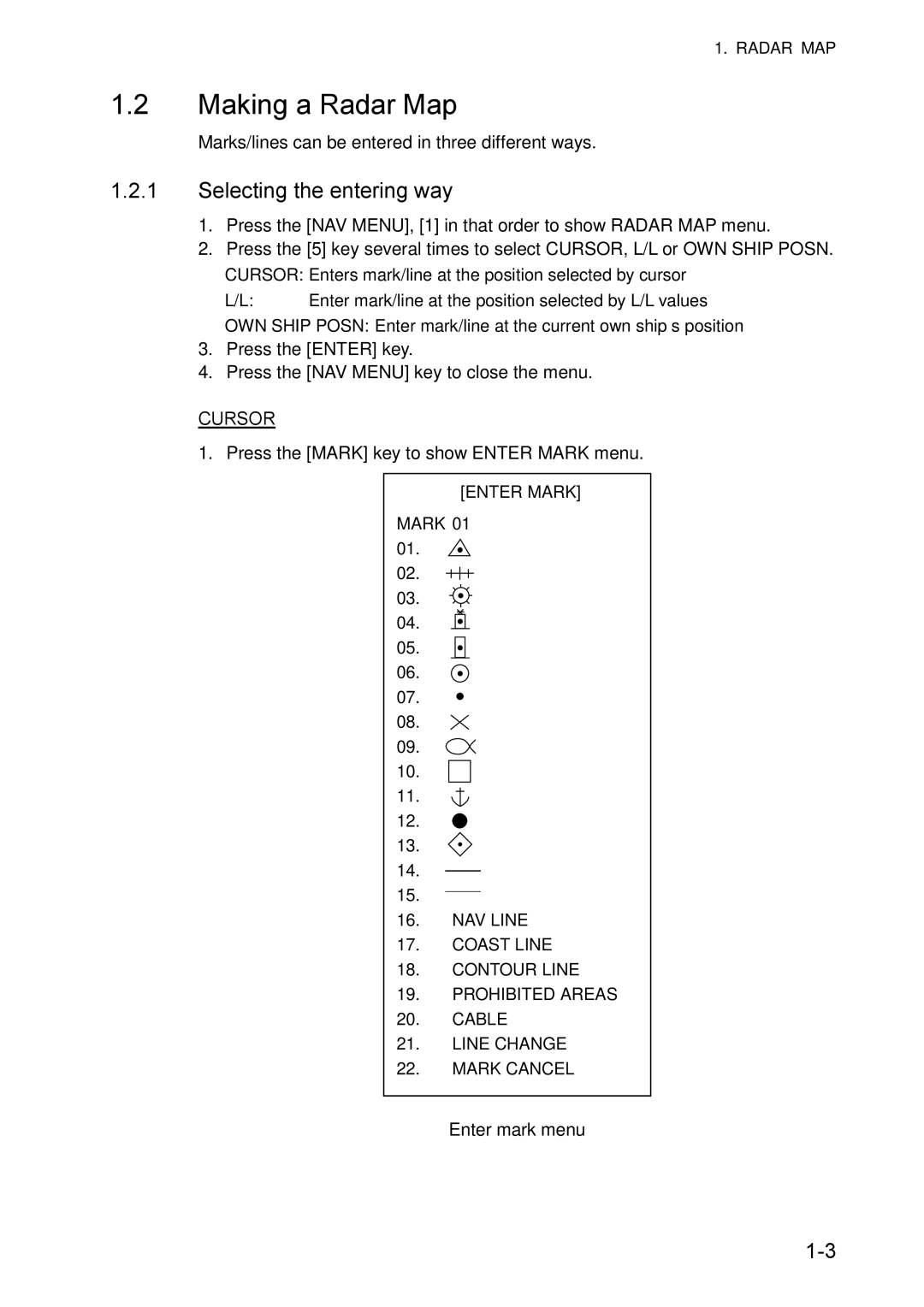 Furuno RP-25 manual Making a Radar Map, Selecting the entering way, Enter mark menu 