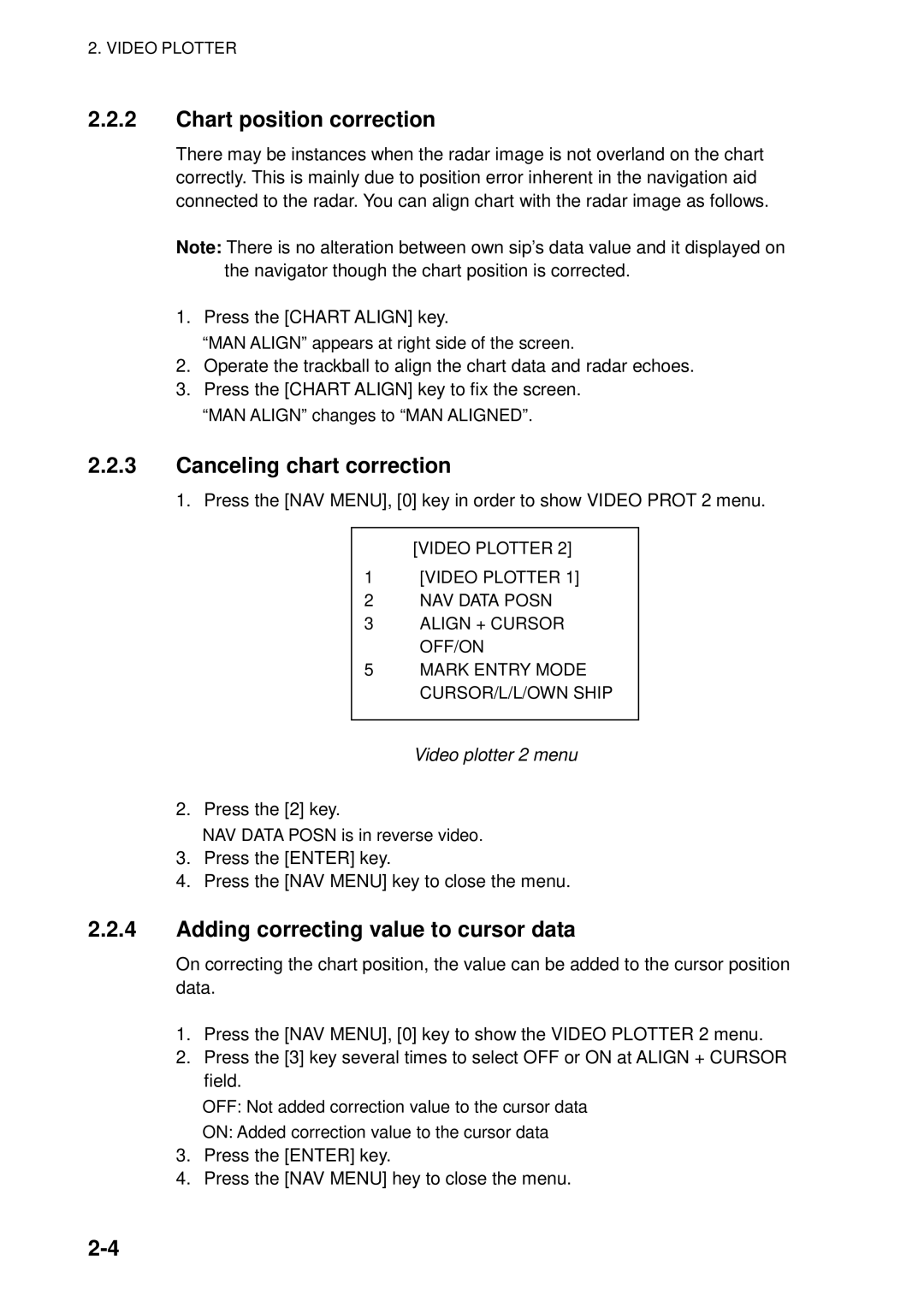 Furuno RP-25 manual Chart position correction, Canceling chart correction, Adding correcting value to cursor data 
