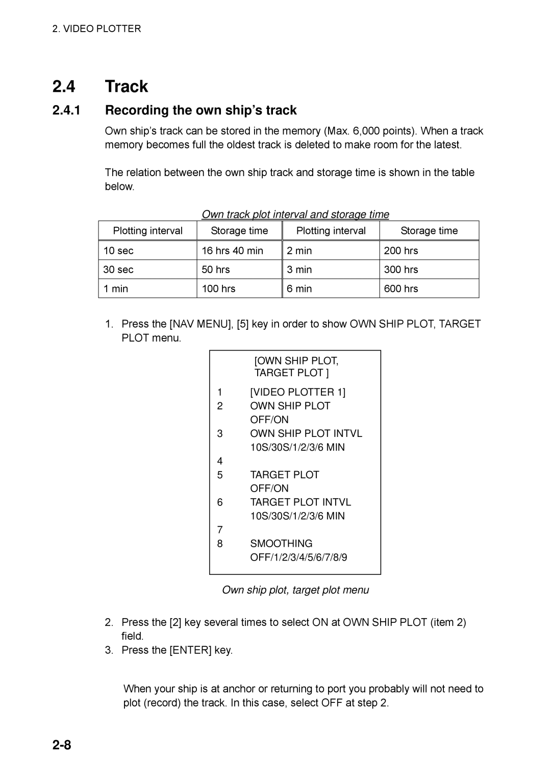 Furuno RP-25 manual Track, Recording the own ship’s track, Own track plot interval and storage time 