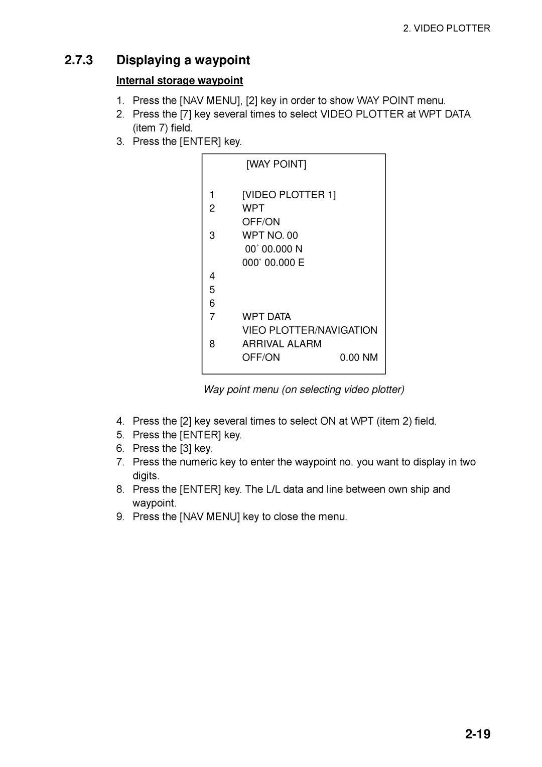 Furuno RP-25 manual Displaying a waypoint, Internal storage waypoint, Way point menu on selecting video plotter 