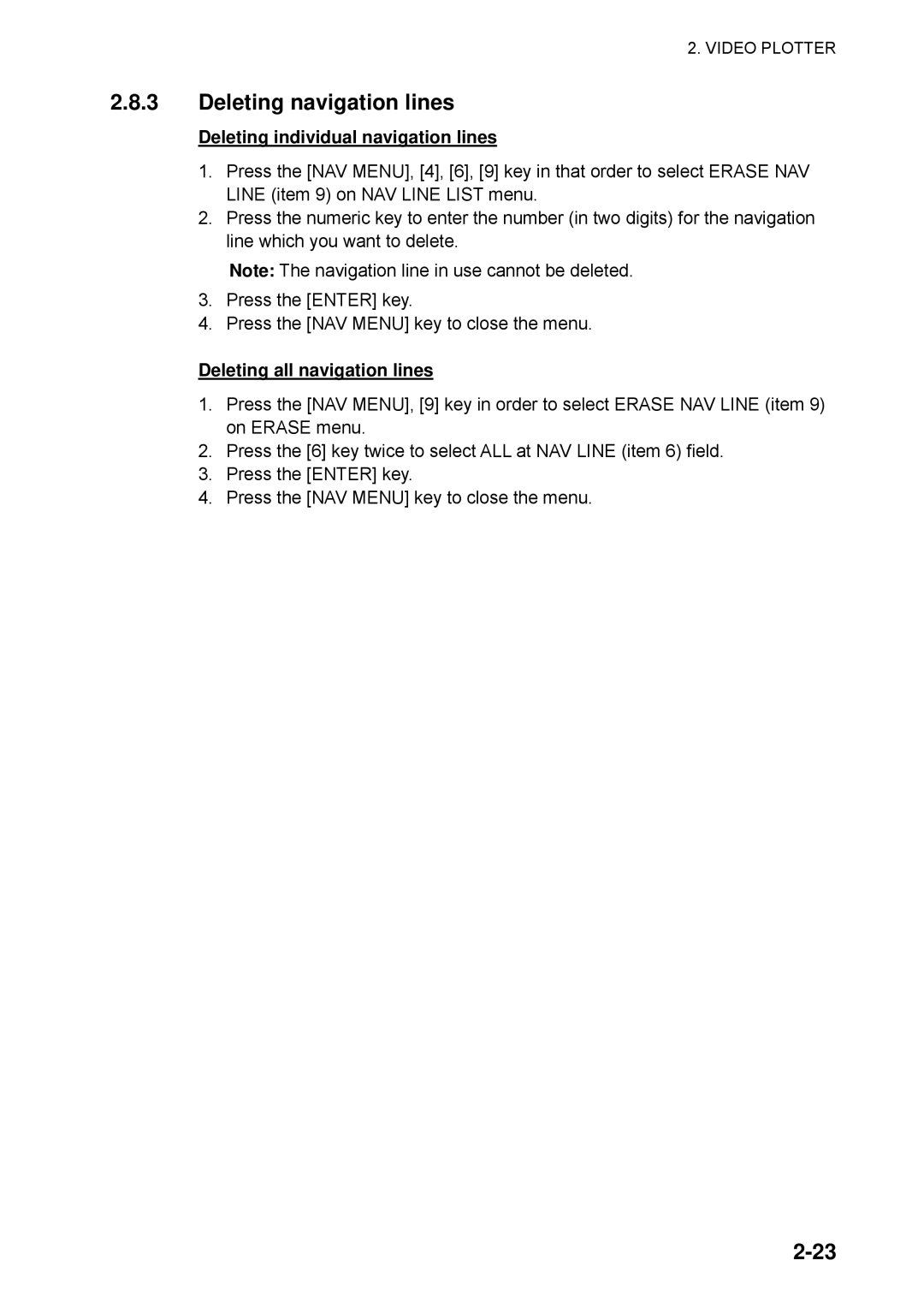 Furuno RP-25 manual Deleting navigation lines, Deleting individual navigation lines, Deleting all navigation lines 