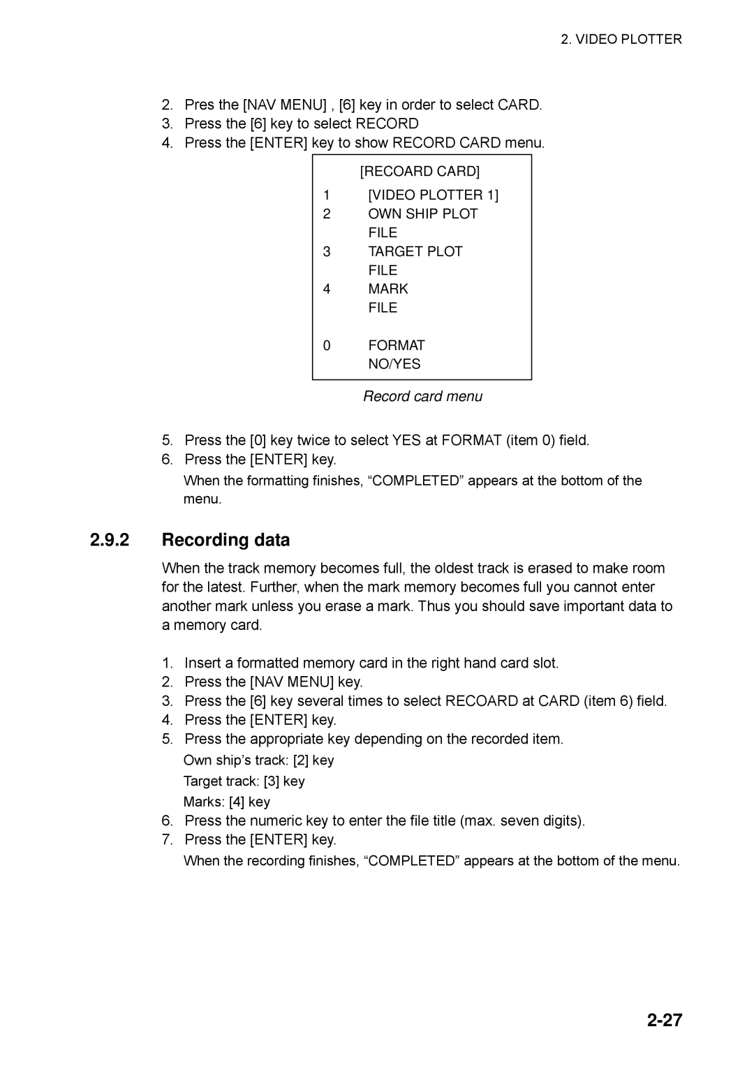 Furuno RP-25 manual Recording data, Record card menu 