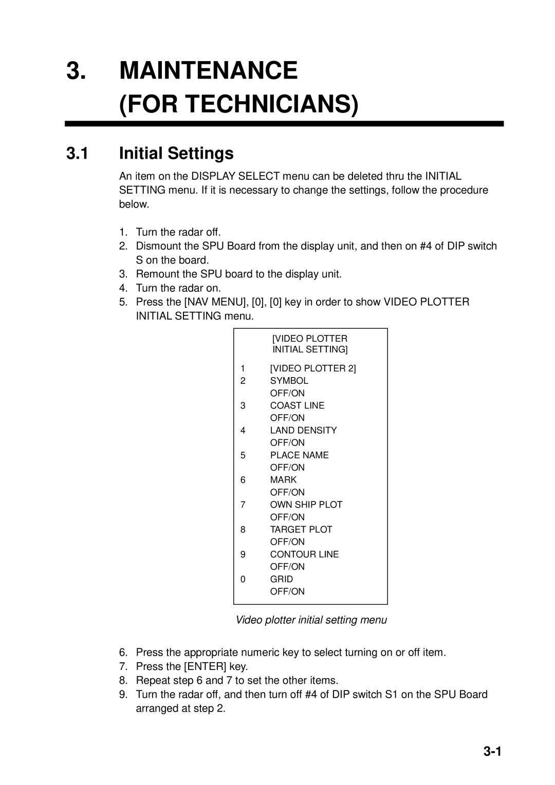 Furuno RP-25 manual Maintenance for Technicians, Initial Settings, Video plotter initial setting menu 