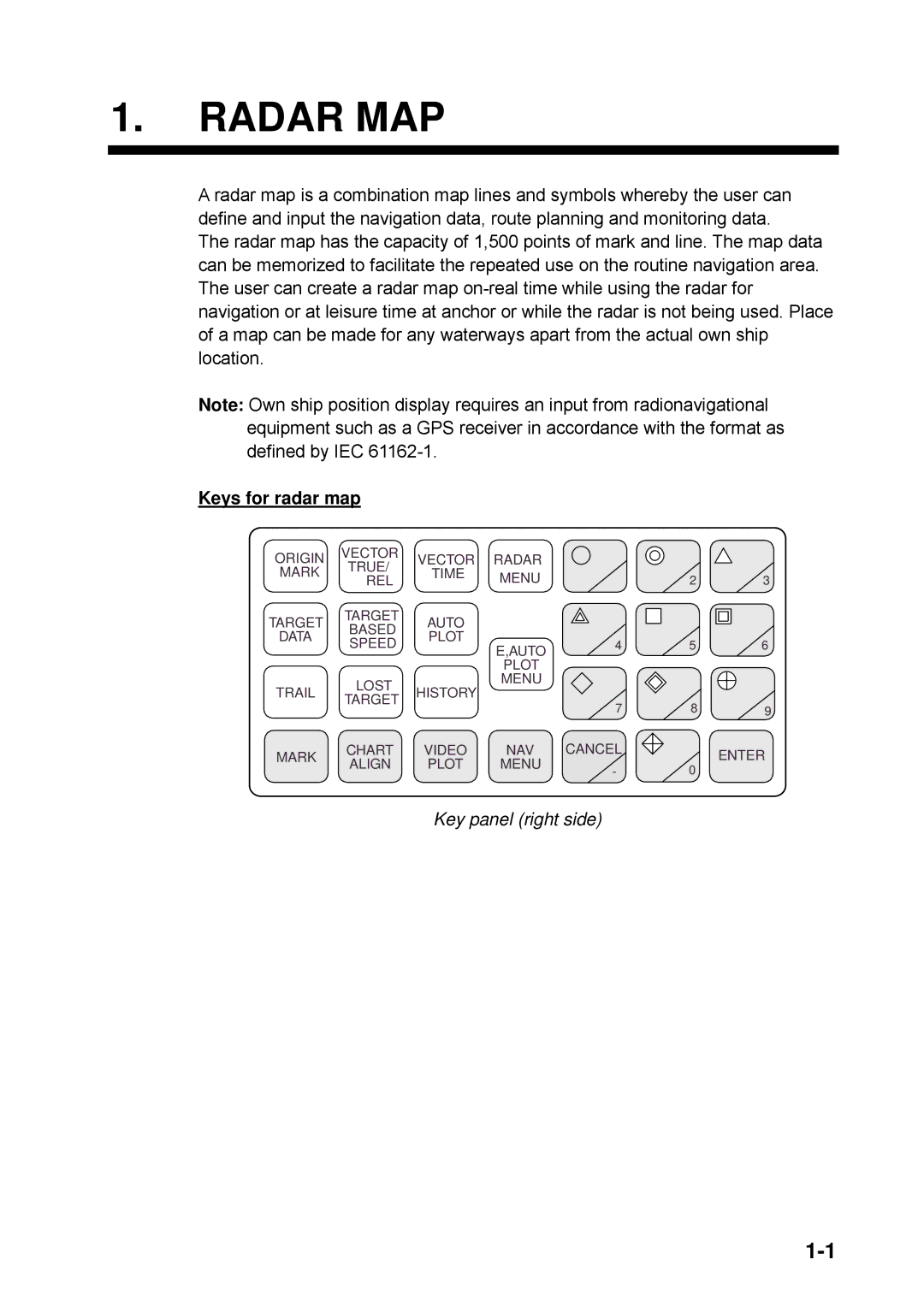 Furuno RP-25 manual Radar MAP, Keys for radar map, Key panel right side 