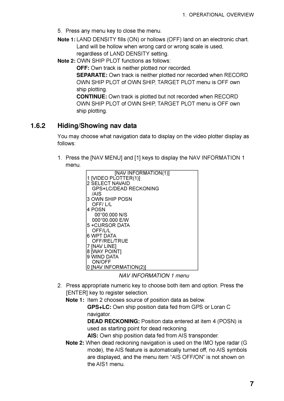 Furuno RP-250 manual Hiding/Showing nav data, NAV Information 1 menu 