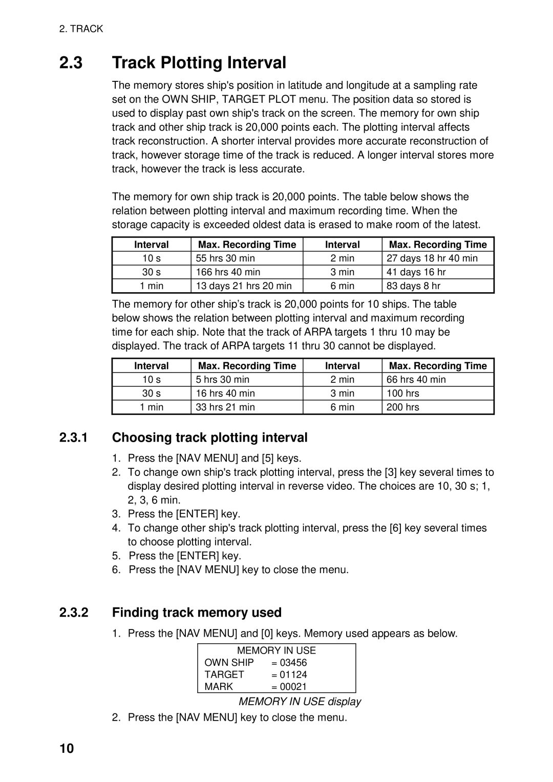 Furuno RP-250 Track Plotting Interval, Choosing track plotting interval, Finding track memory used, Memory in USE display 