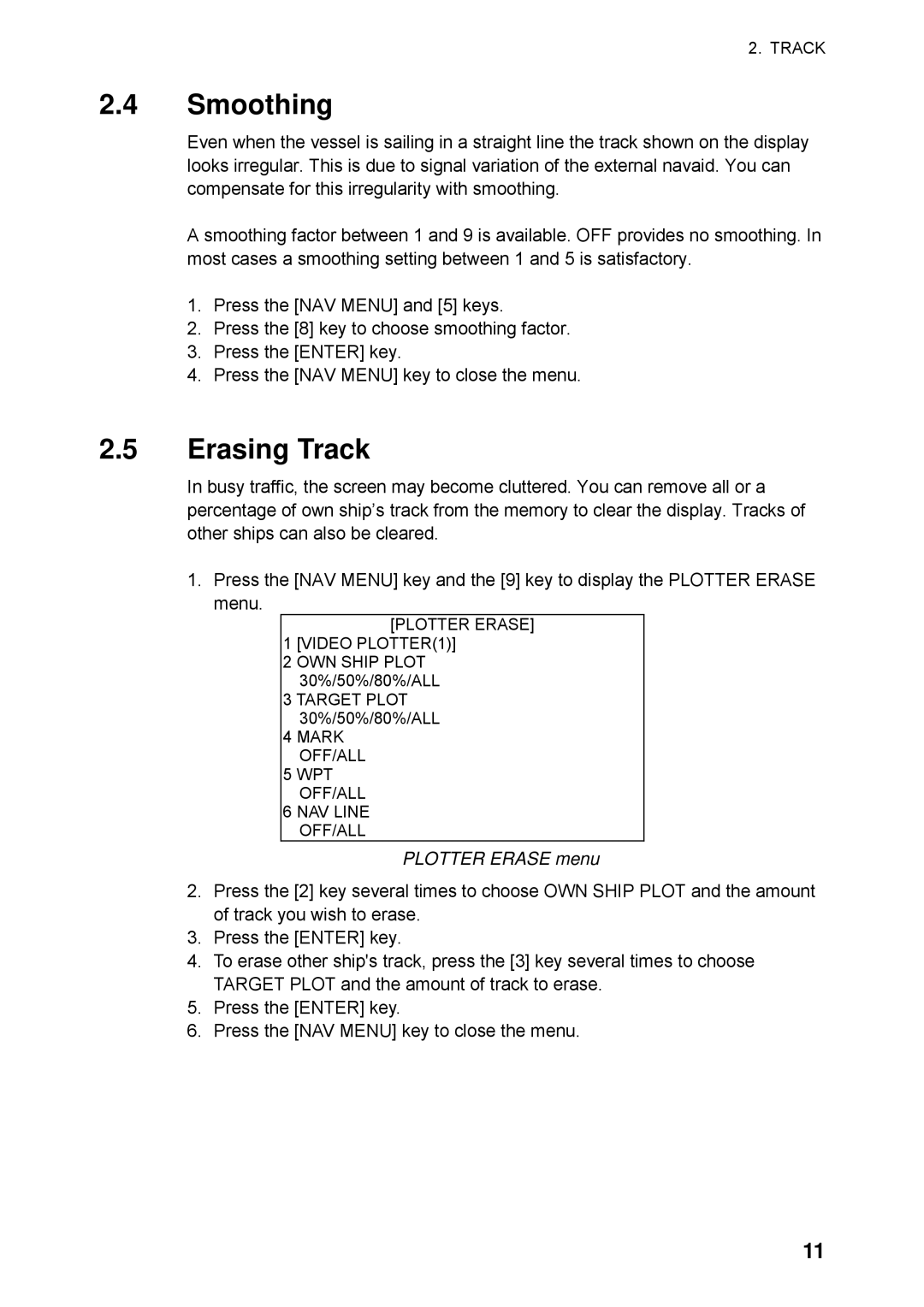 Furuno RP-250 manual Smoothing, Erasing Track, Plotter Erase menu 