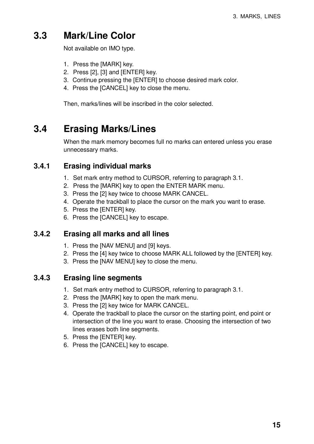 Furuno RP-250 manual Mark/Line Color, Erasing Marks/Lines, Erasing individual marks, Erasing all marks and all lines 