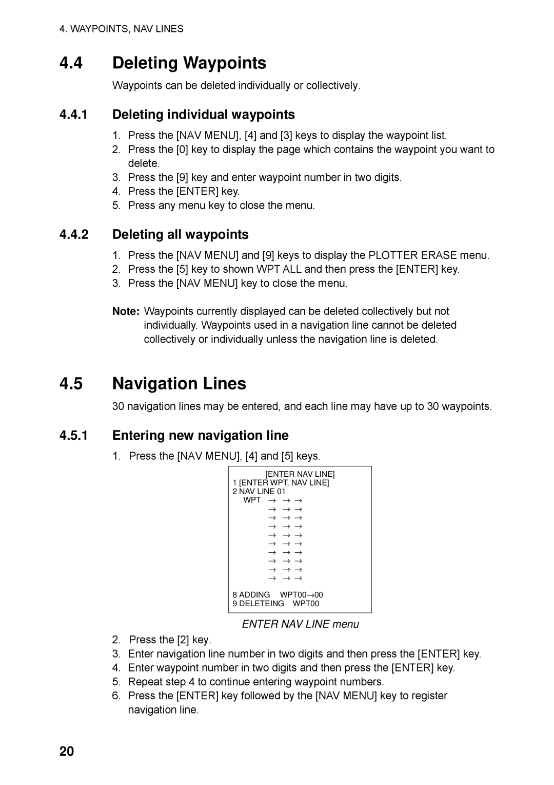 Furuno RP-250 manual Deleting Waypoints, Navigation Lines, Deleting individual waypoints, Deleting all waypoints 