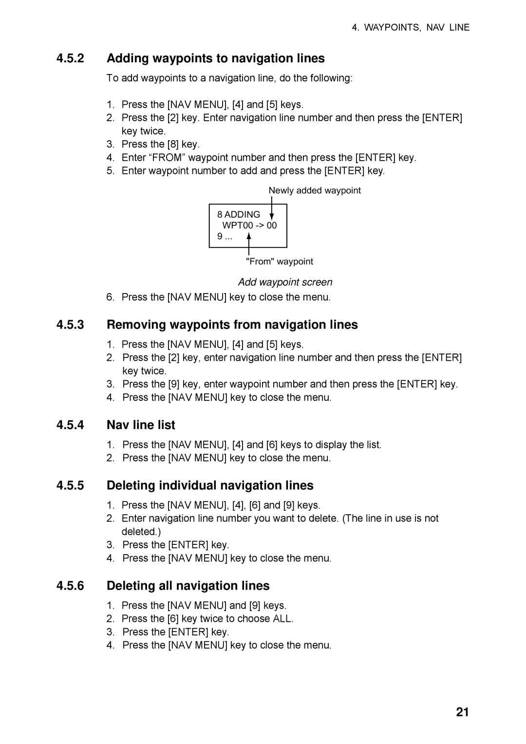 Furuno RP-250 manual Adding waypoints to navigation lines, Removing waypoints from navigation lines, Nav line list 