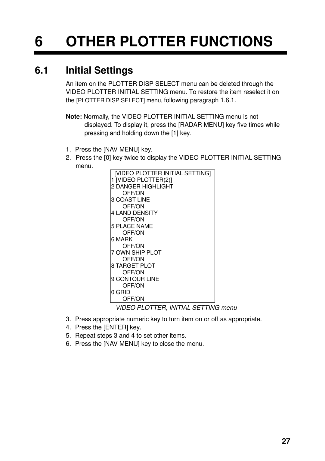 Furuno RP-250 manual Other Plotter Functions, Initial Settings, Video PLOTTER, Initial Setting menu 