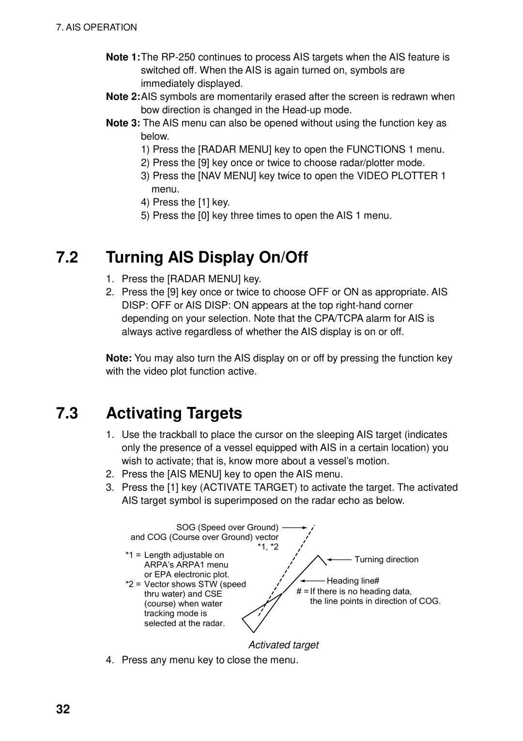 Furuno RP-250 manual Turning AIS Display On/Off, Activating Targets, Activated target 