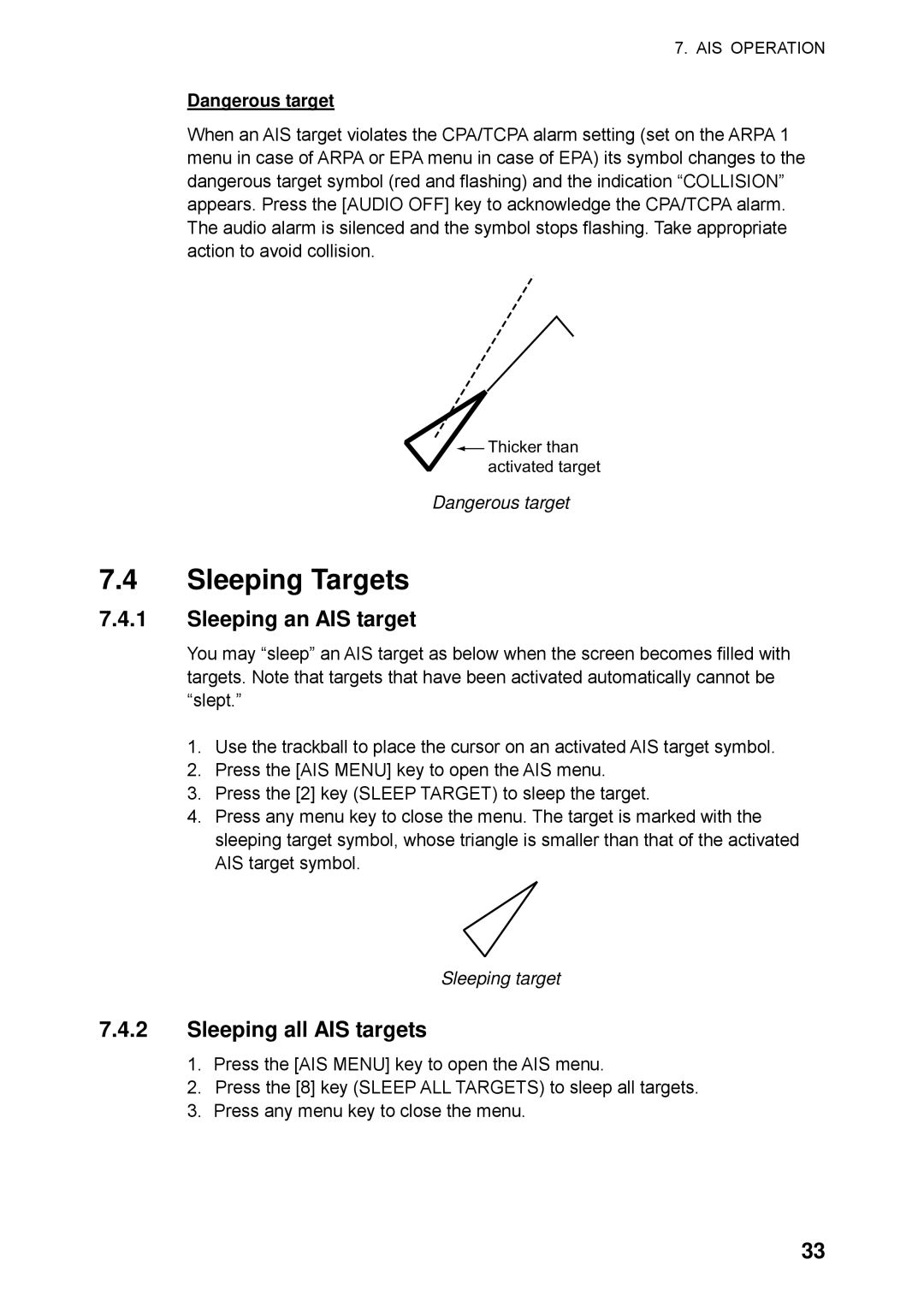 Furuno RP-250 manual Sleeping Targets, Sleeping an AIS target, Sleeping all AIS targets, Sleeping target 