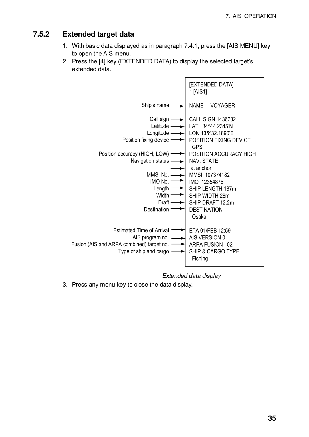 Furuno RP-250 manual Extended target data, Extended data display 