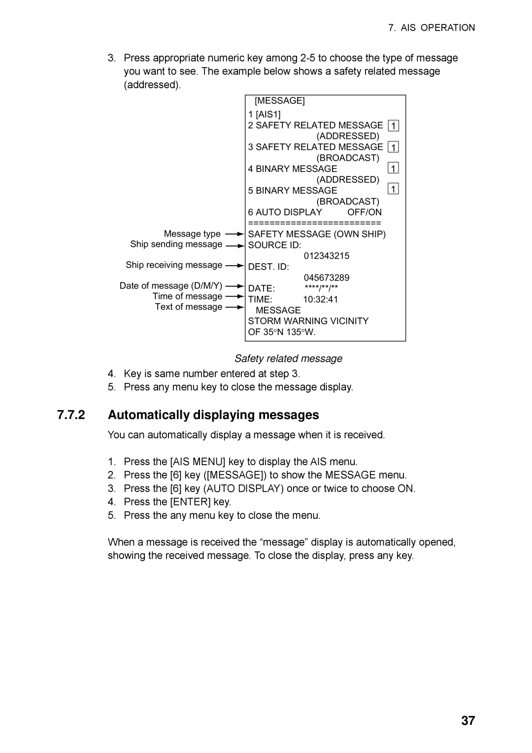 Furuno RP-250 manual Automatically displaying messages, Safety related message 