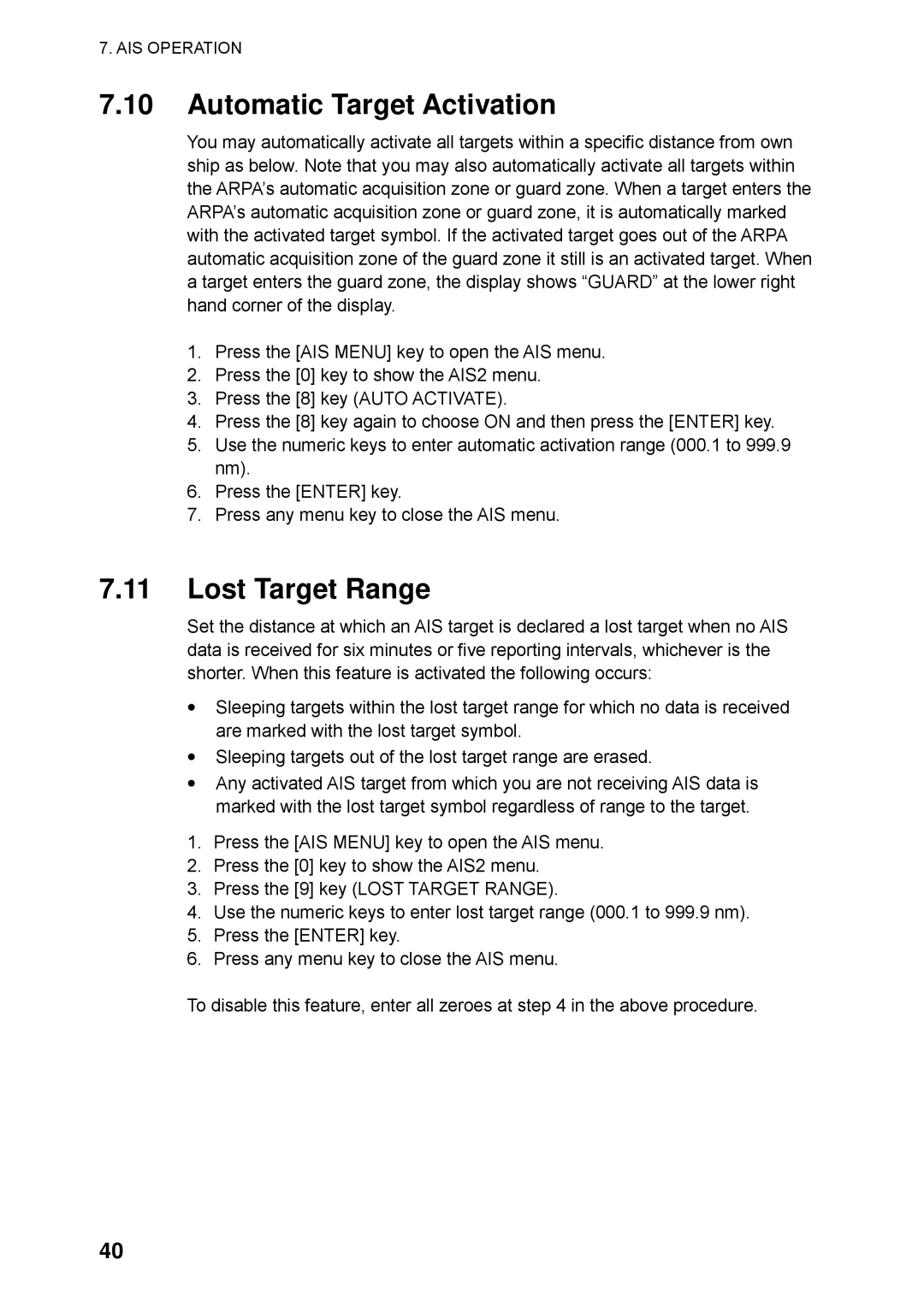 Furuno RP-250 manual Automatic Target Activation, Lost Target Range 