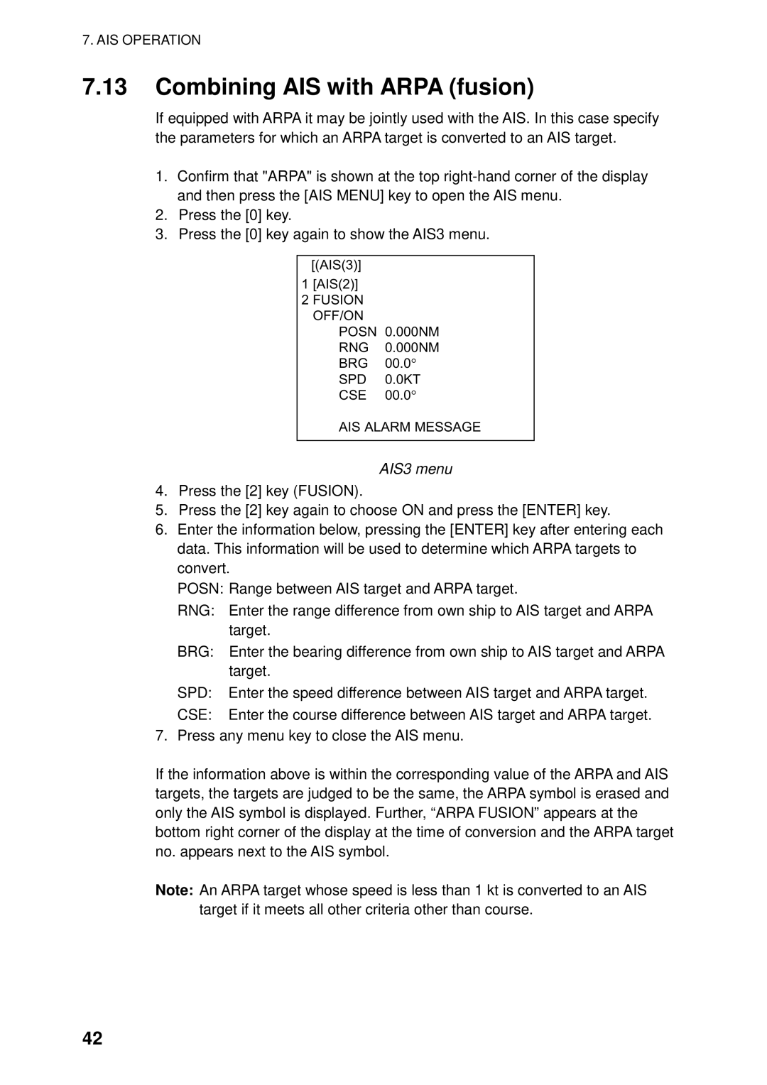 Furuno RP-250 manual Combining AIS with Arpa fusion, AIS3 menu 