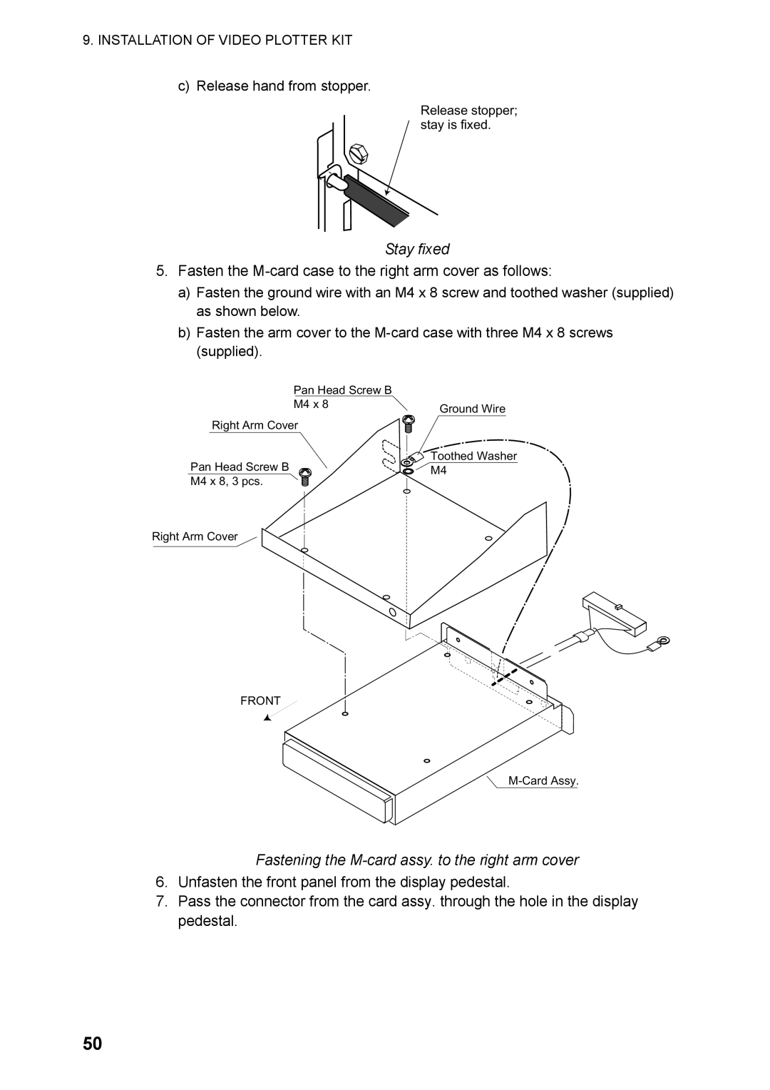 Furuno RP-250 manual Stay fixed, Fastening the M-card assy. to the right arm cover 