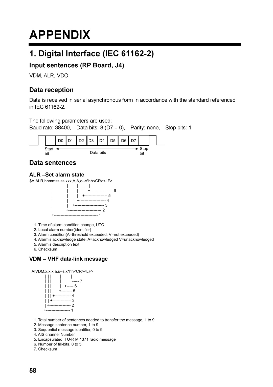 Furuno RP-250 manual Appendix, Digital Interface IEC, Input sentences RP Board, J4, Data reception 