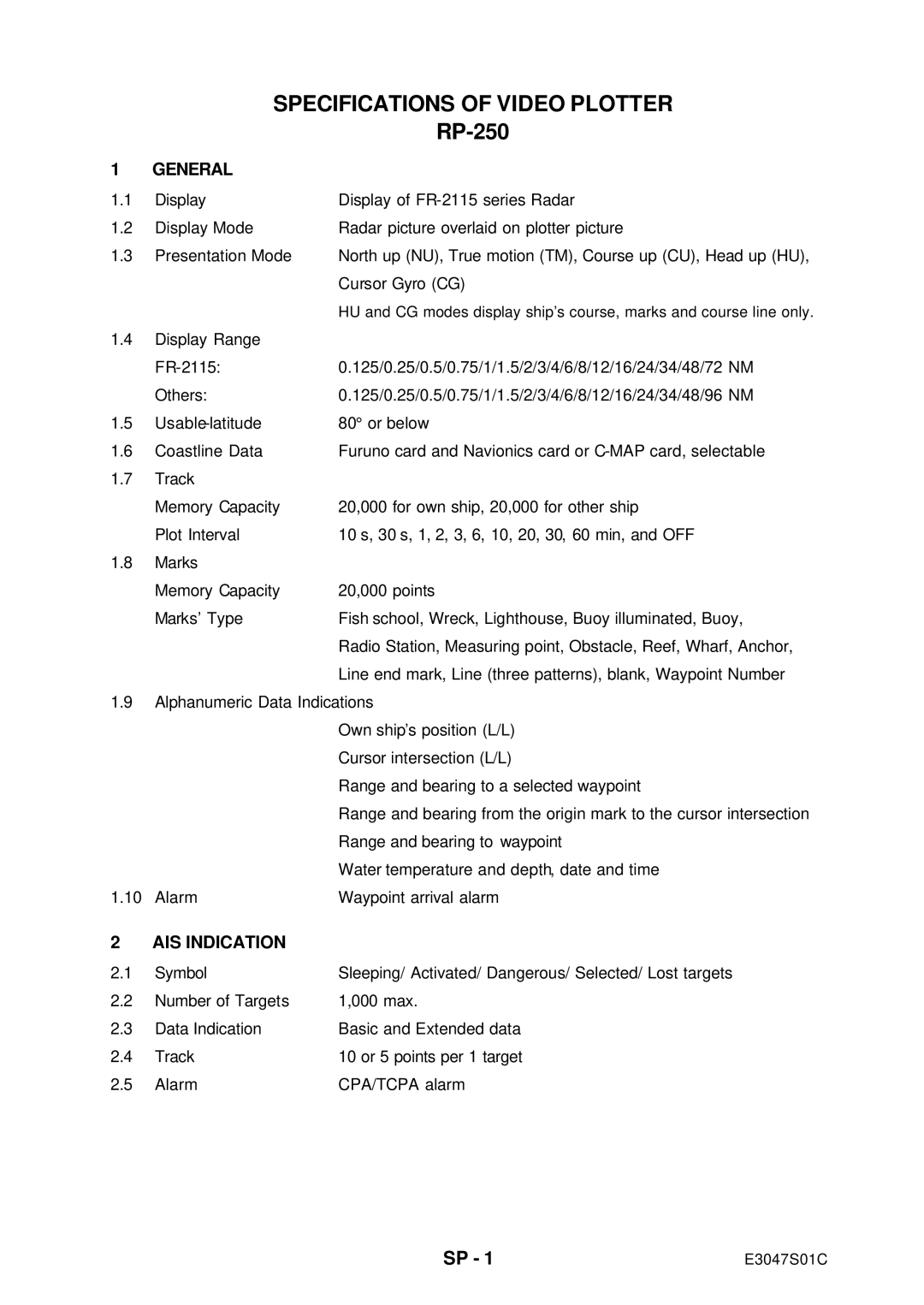 Furuno RP-250 manual Specifications of Video Plotter 