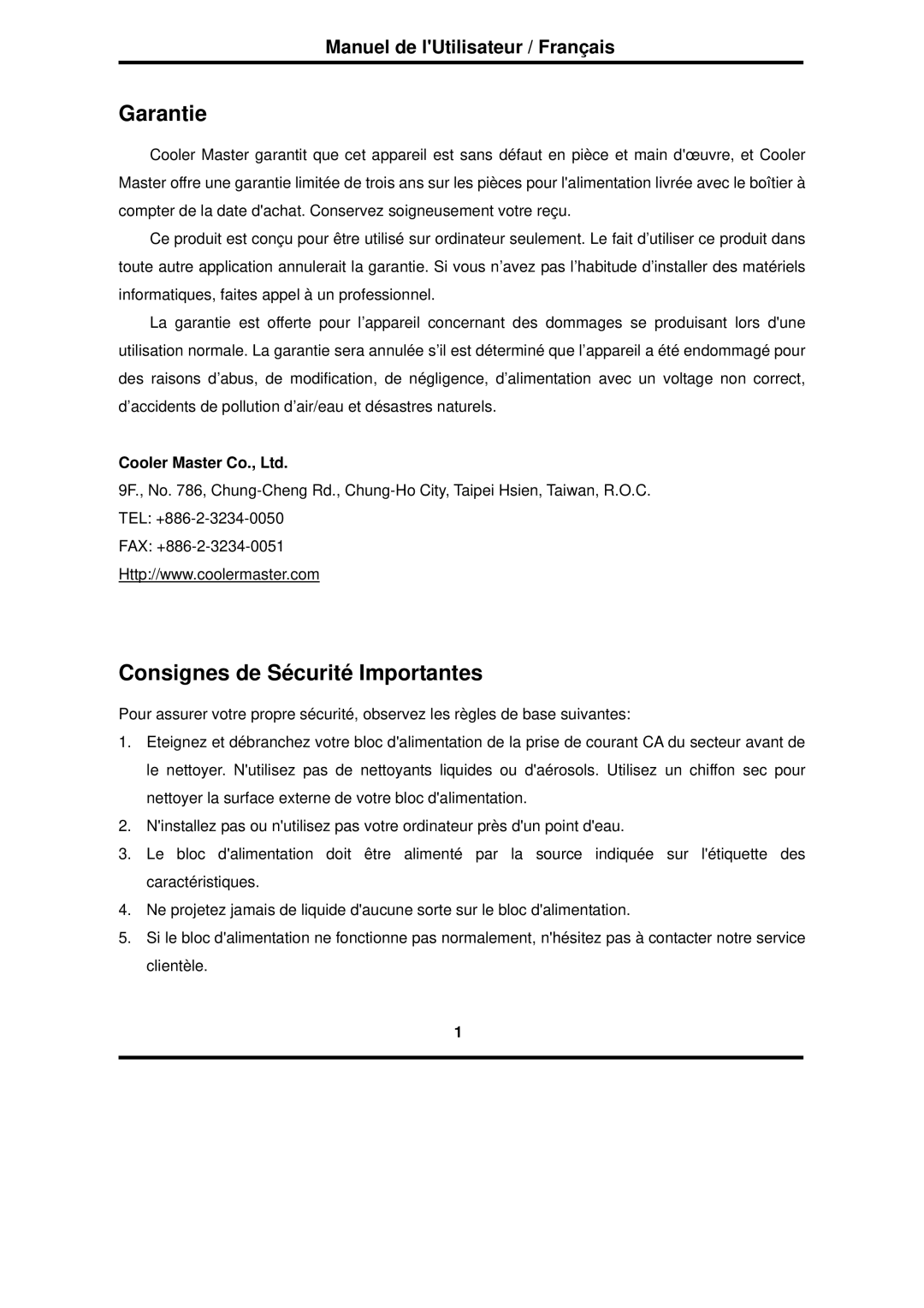 Furuno RS-600-ASAA warranty Garantie, Consignes de Sécurité Importantes, Manuel de lUtilisateur / Français 