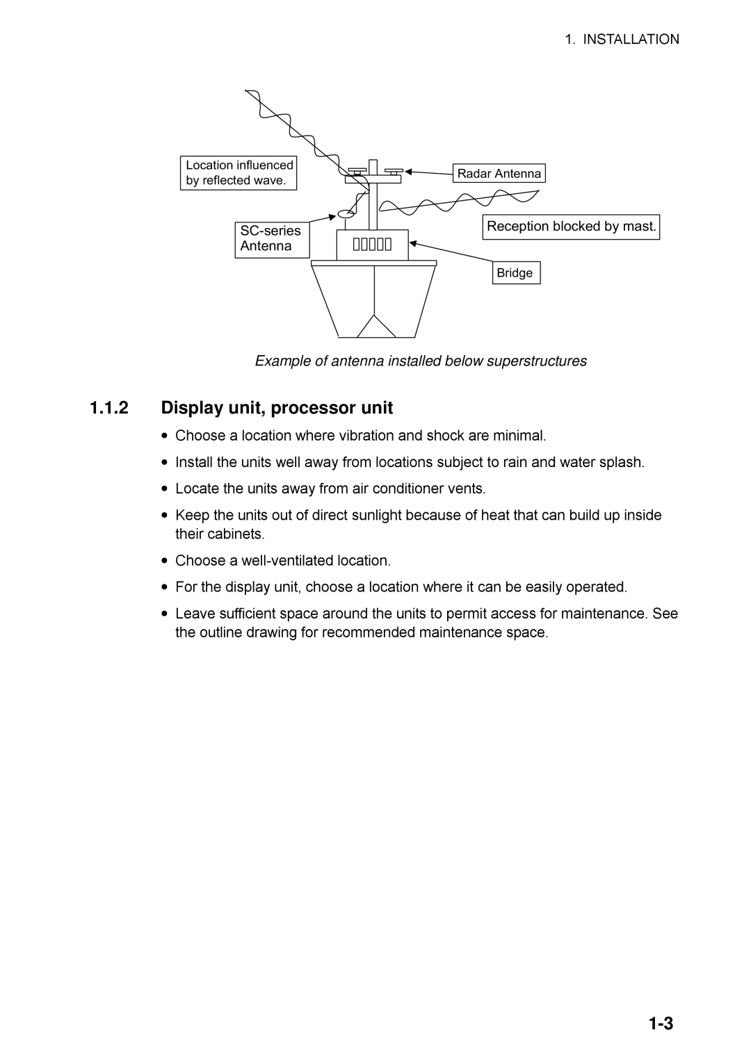 Furuno SC-110 manual Display unit, processor unit, Example of antenna installed below superstructures 