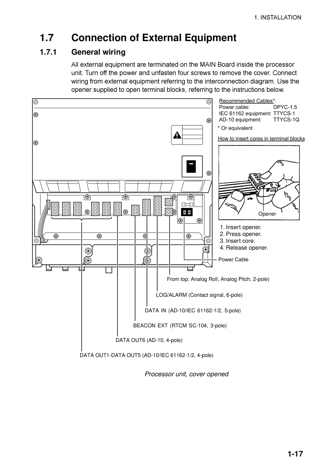 Furuno SC-110 manual Connection of External Equipment, General wiring, Processor unit, cover opened 