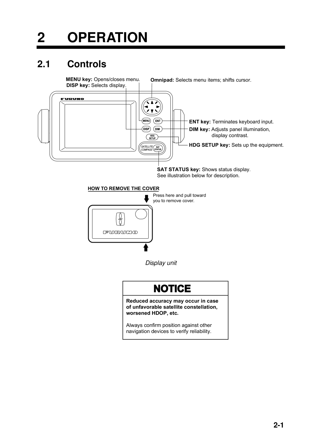 Furuno SC-110 manual Operation, Controls, Display unit 