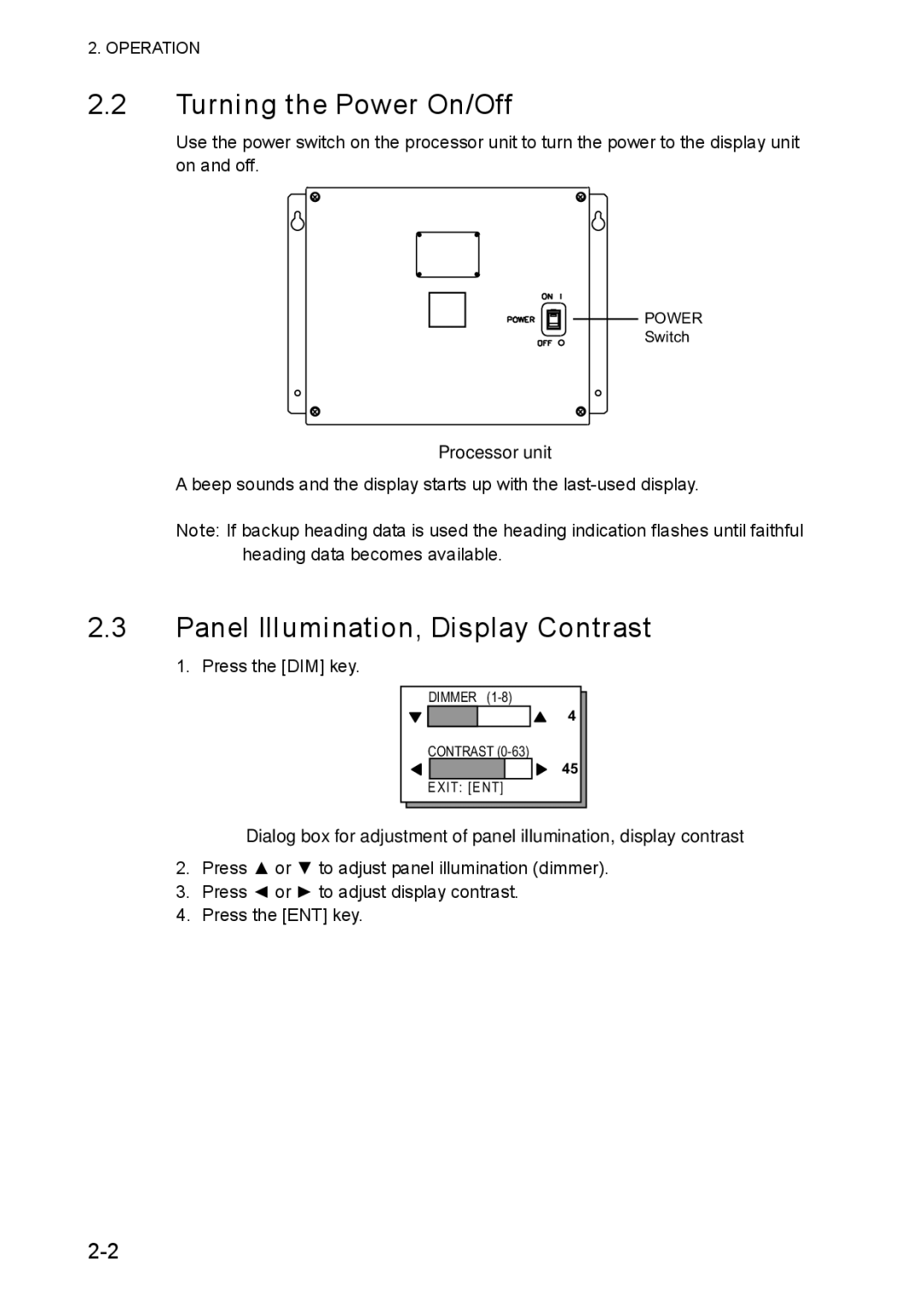 Furuno SC-110 manual Turning the Power On/Off, Panel Illumination, Display Contrast, Processor unit 