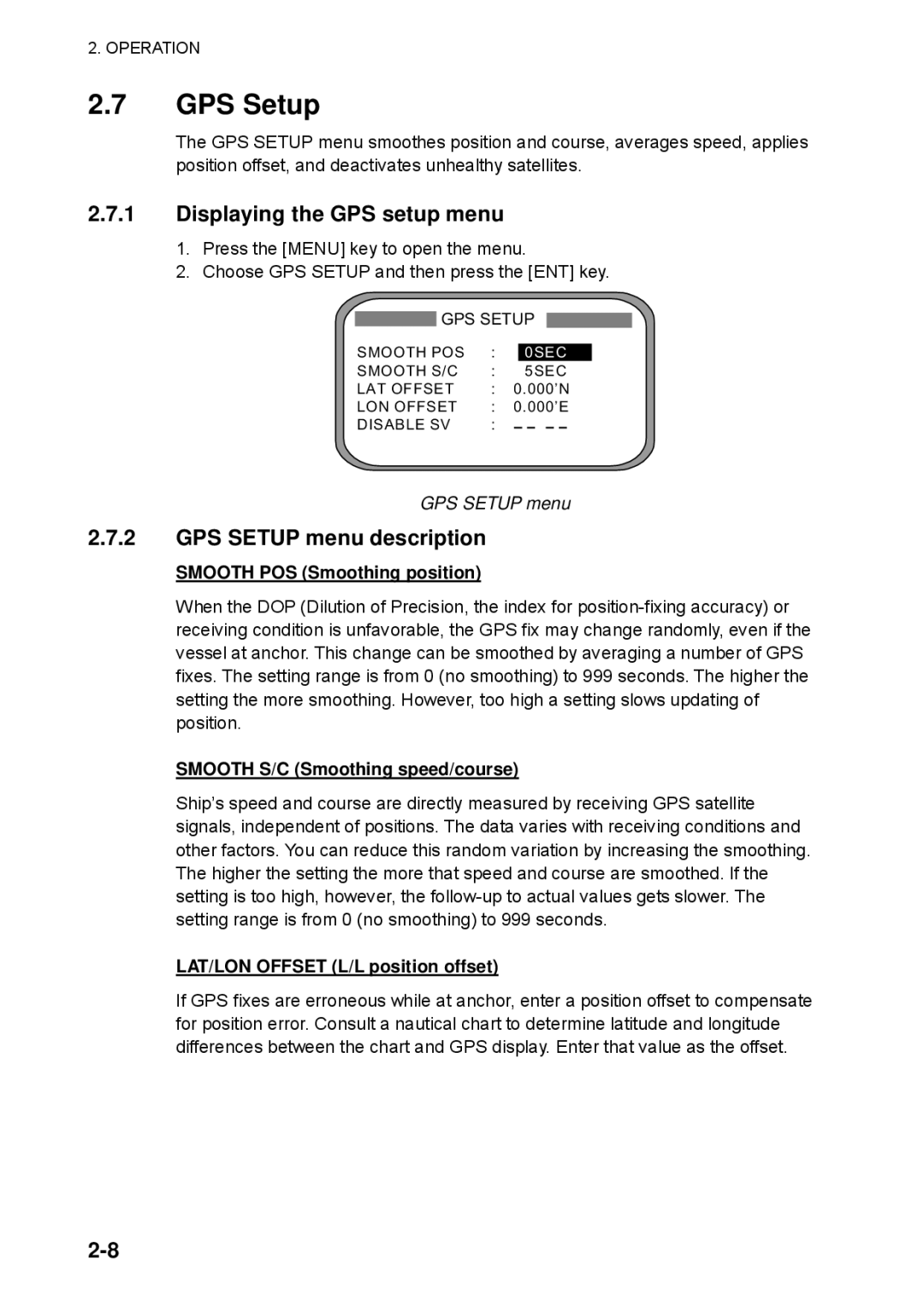 Furuno SC-110 manual Displaying the GPS setup menu, GPS Setup menu description 