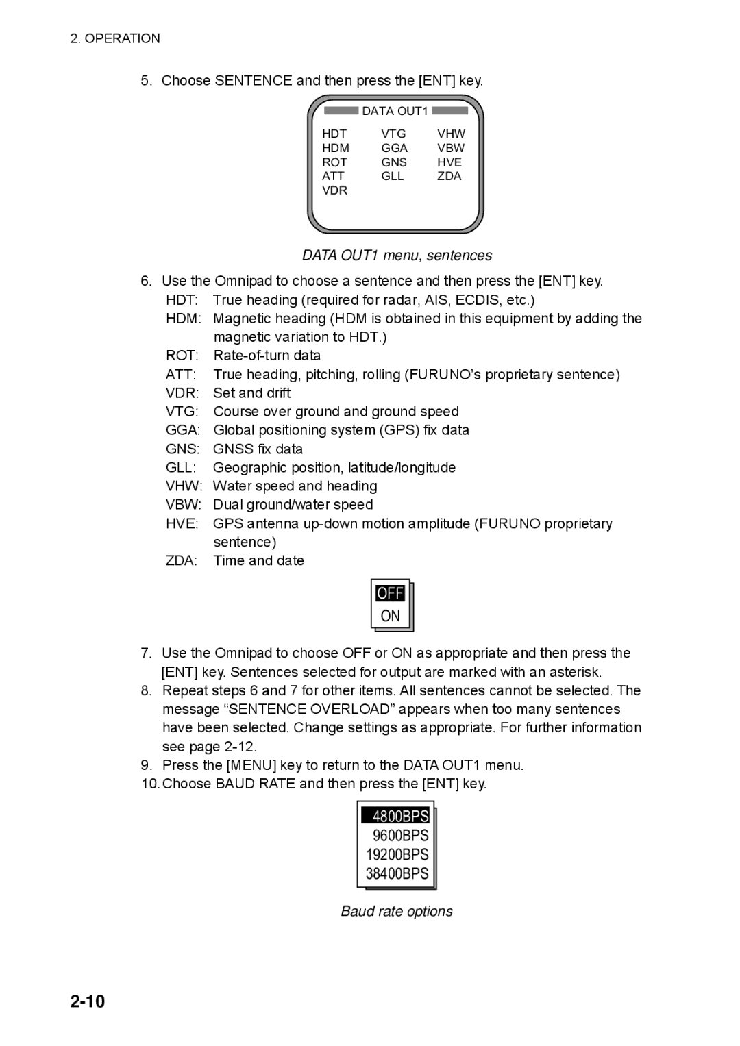 Furuno SC-110 manual Data OUT1 menu, sentences, Baud rate options 