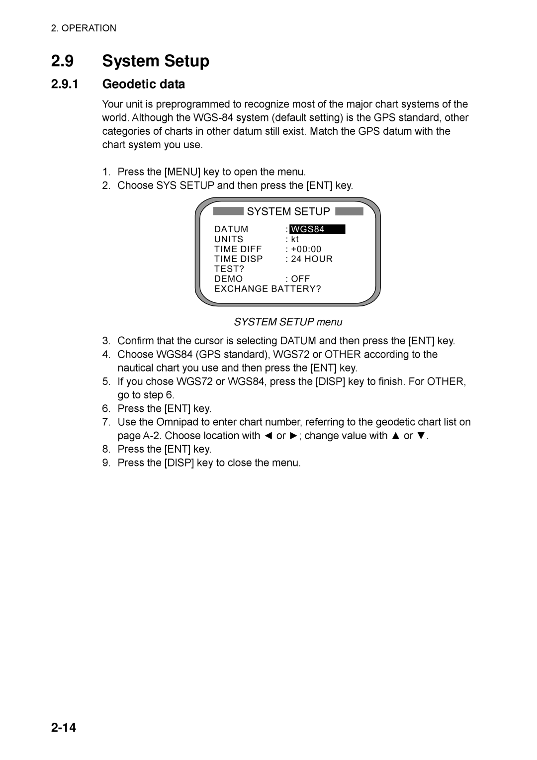 Furuno SC-110 manual Geodetic data, System Setup menu 