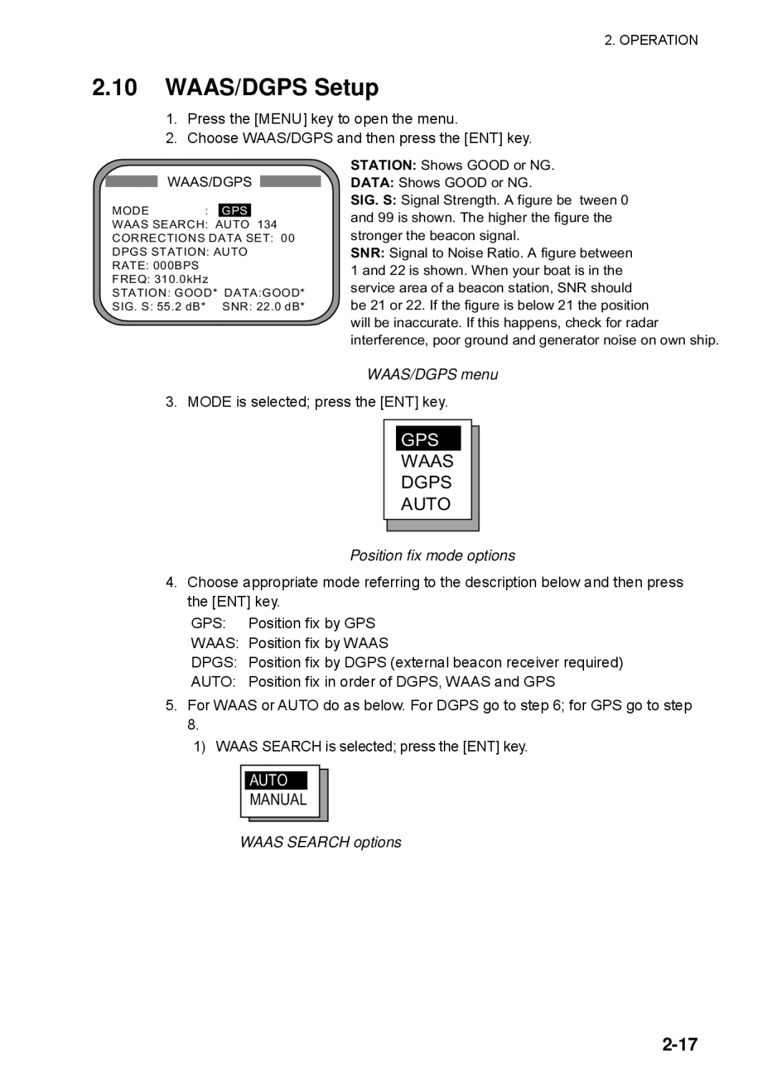 Furuno SC-110 manual WAAS/DGPS Setup, WAAS/DGPS menu, Position fix mode options, Waas Search options 