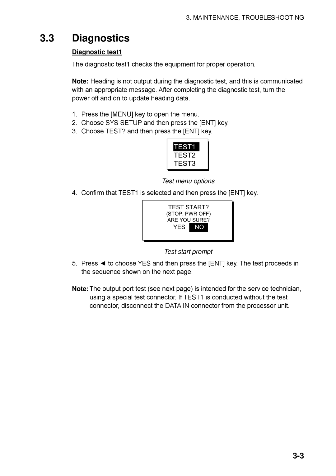 Furuno SC-110 manual Diagnostics, Diagnostic test1, Test menu options, Test start prompt 