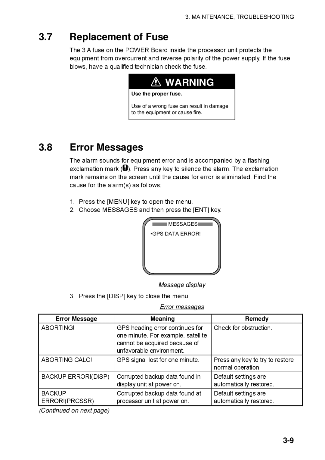 Furuno SC-110 manual Replacement of Fuse, Error Messages, Message display, Error Message Meaning Remedy, On next 