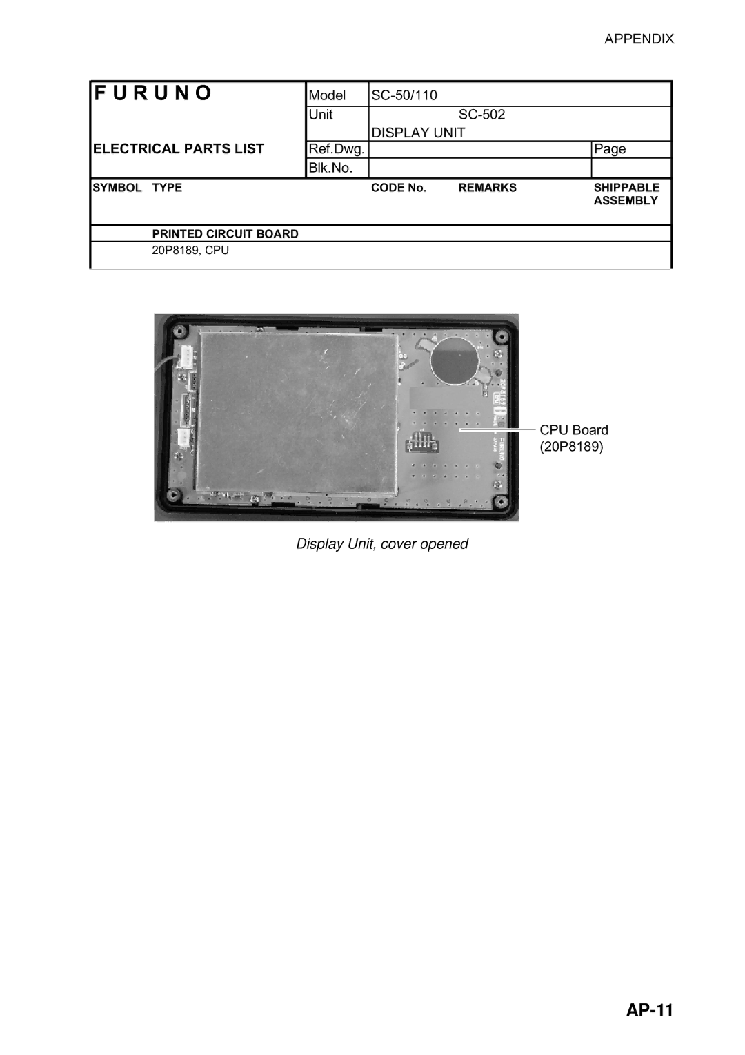 Furuno SC-110 manual AP-11, Display Unit, cover opened 