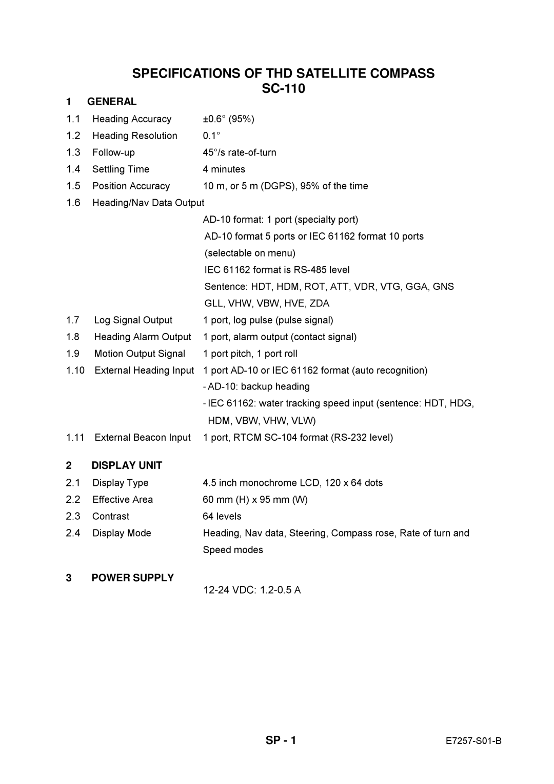 Furuno SC-110 manual Specifications of THD Satellite Compass 