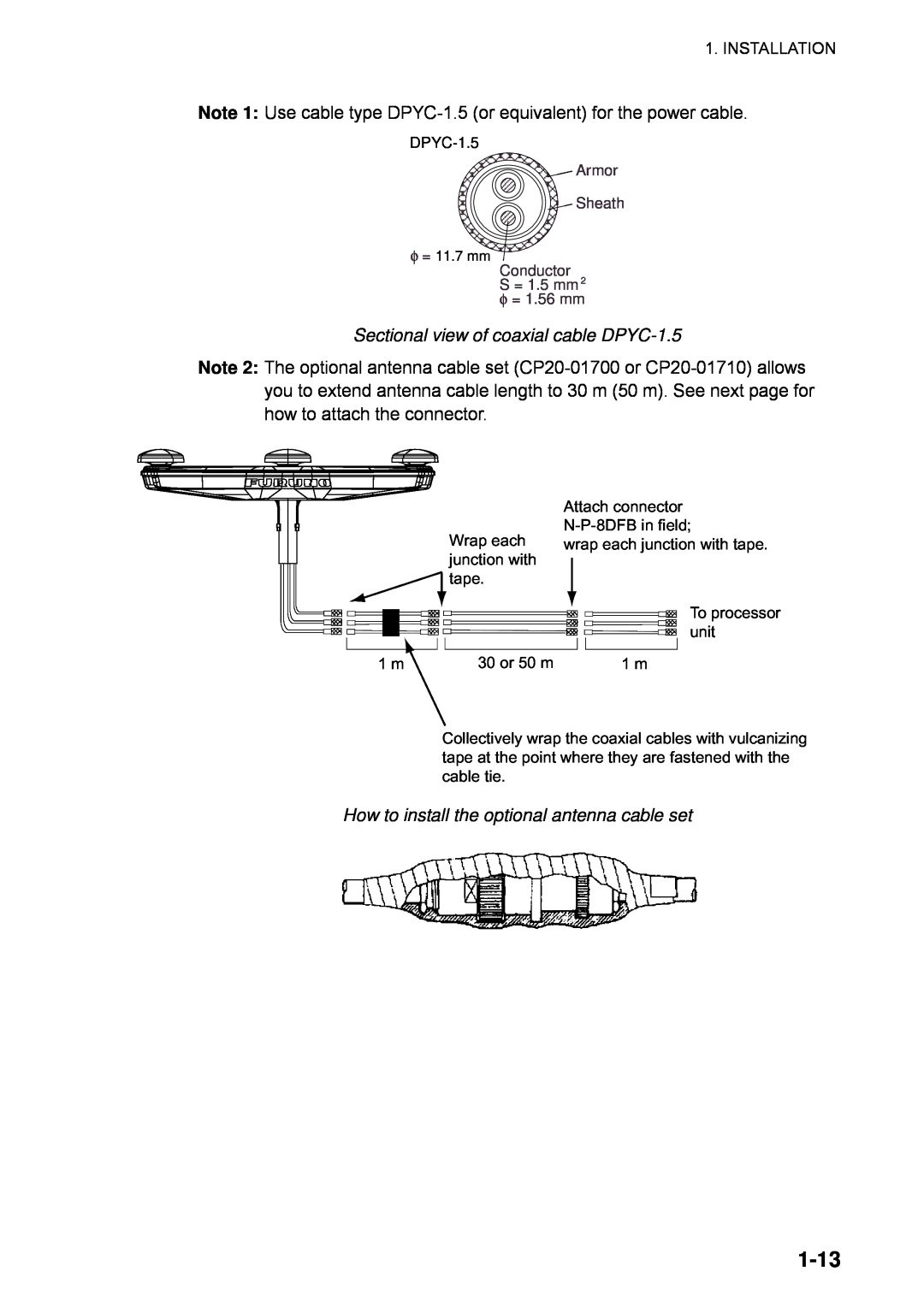 Furuno SC-110 manual 1-13, Sectional view of coaxial cable DPYC-1.5, How to install the optional antenna cable set 