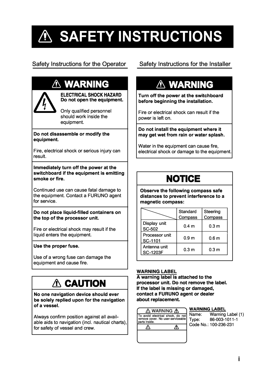 Furuno SC-110 manual Safety Instructions for the Operator, Safety Instructions for the Installer, Electrical Shock Hazard 