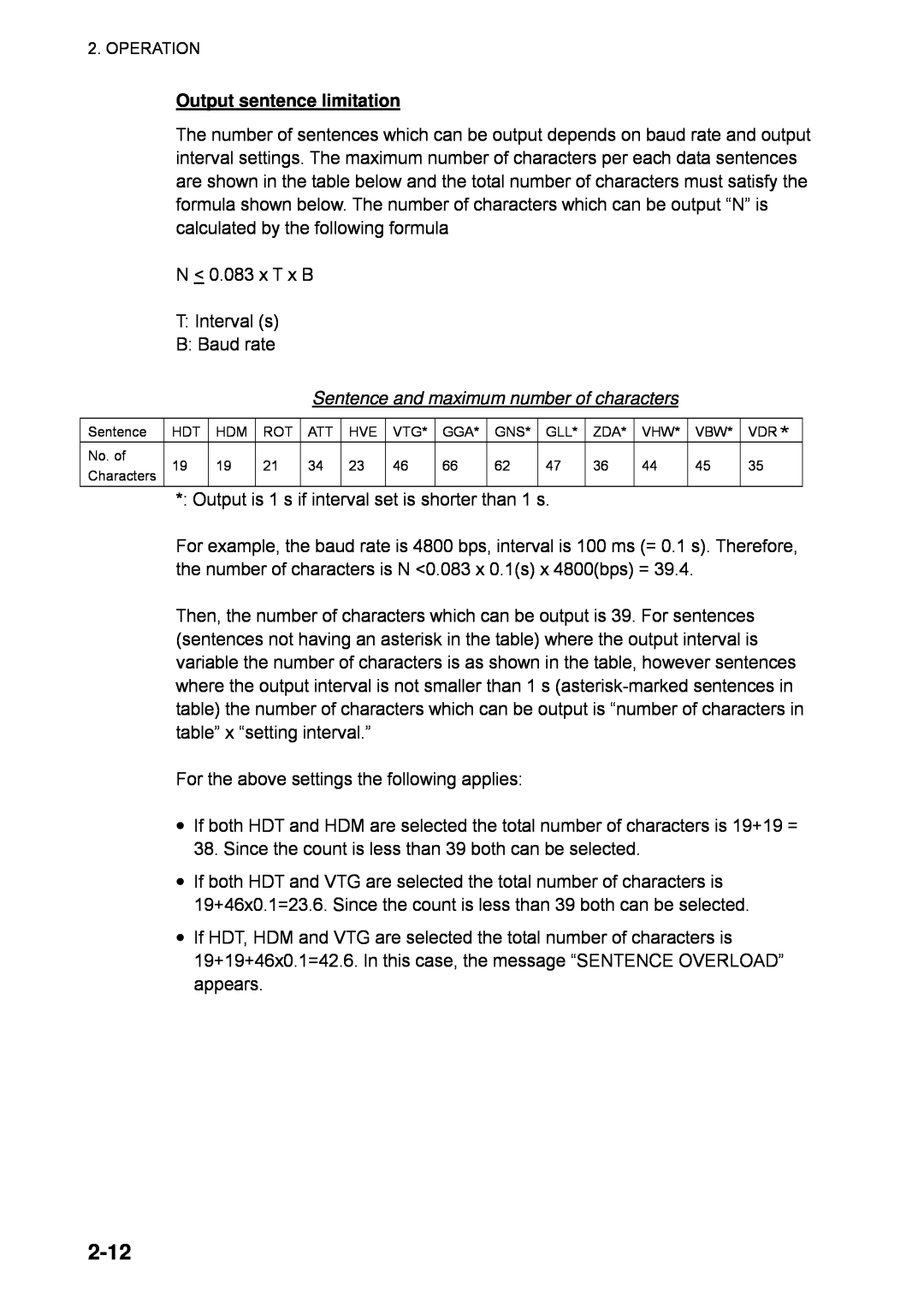 Furuno SC-110 manual 2-12, Output sentence limitation, Sentence and maximum number of characters 