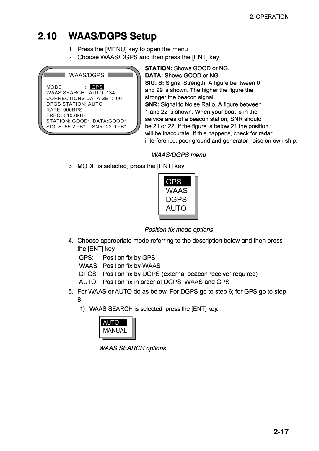 Furuno SC-110 manual 2.10WAAS/DGPS Setup, 2-17, Waas Dgps Auto, Manual, WAAS/DGPS menu, Position fix mode options 