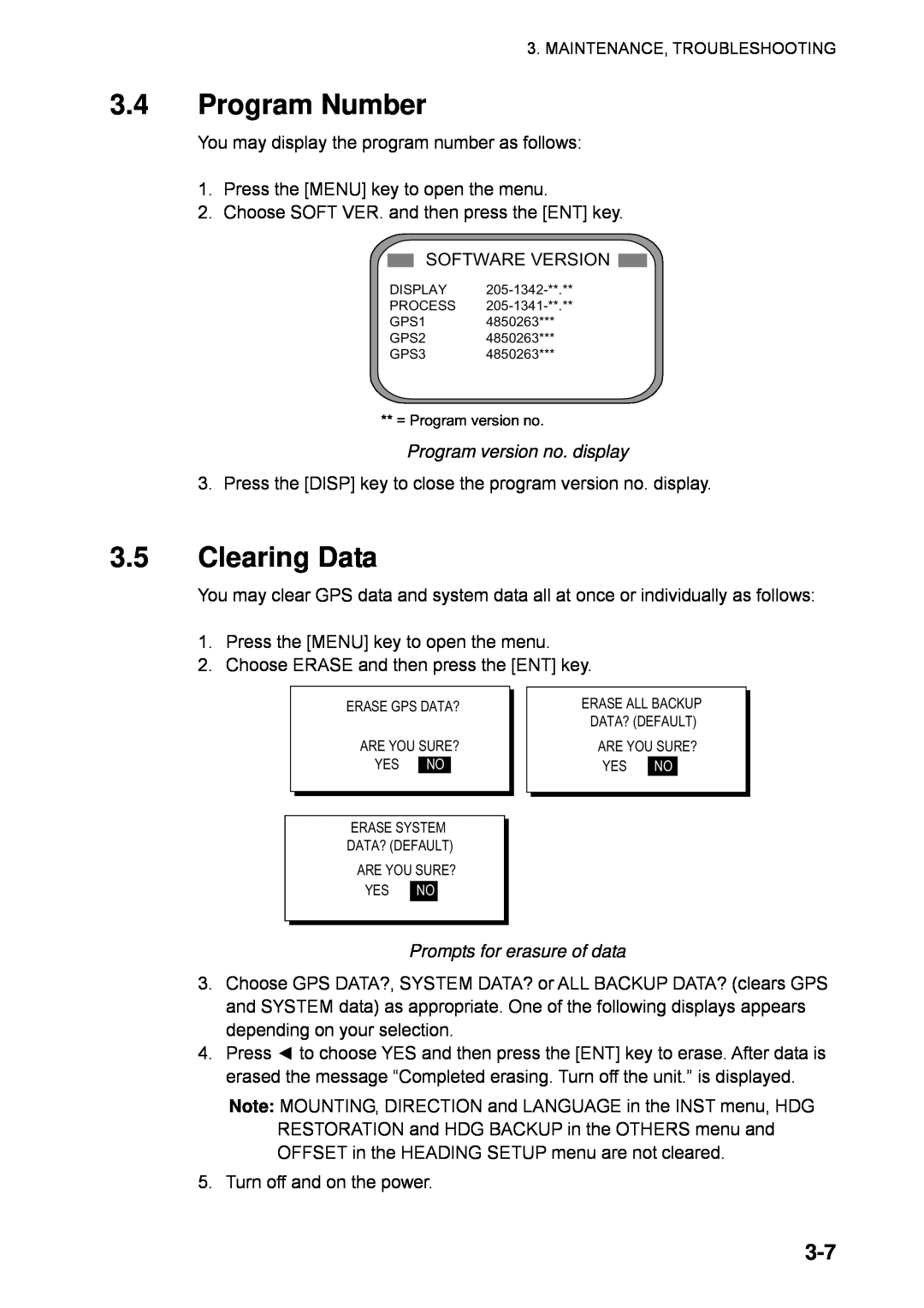 Furuno SC-110 manual 3.4Program Number, 3.5Clearing Data, Program version no. display, Prompts for erasure of data 