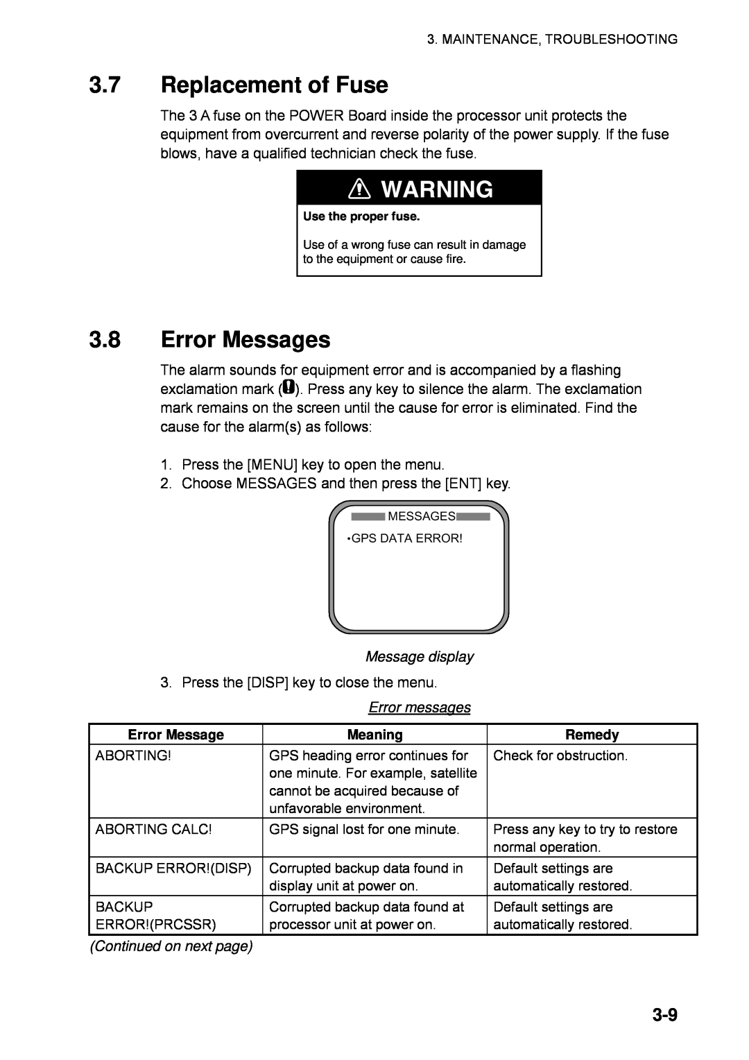 Furuno SC-110 manual 3.7Replacement of Fuse, 3.8Error Messages, Message display, Meaning, Continued on next page, Remedy 
