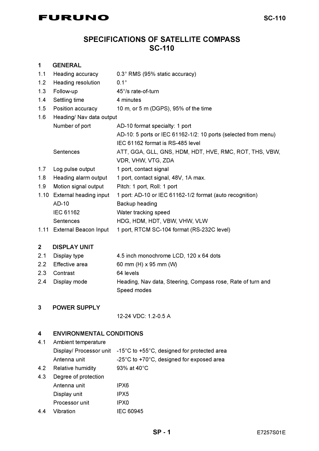 Furuno manual Furuno, SPECIFICATIONS OF SATELLITE COMPASS SC-110, Sp, General, Display Unit, Power Supply 