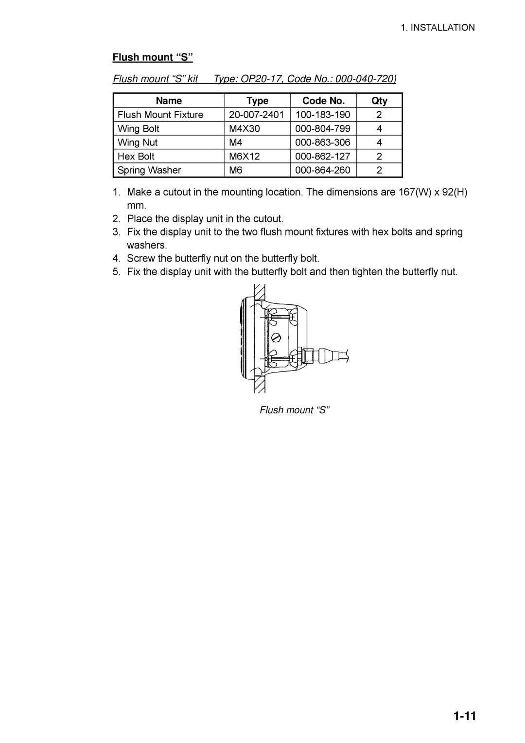 Furuno SC-110 manual 1-11, Flush mount “S” kit, Type OP20-17,Code No, Name 