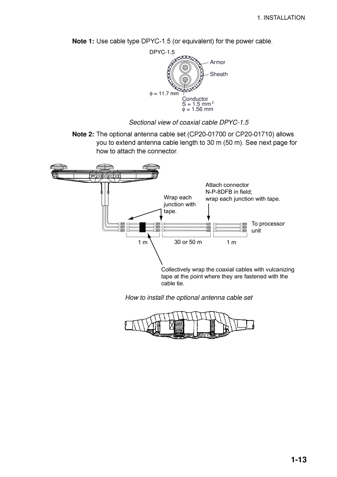 Furuno SC-110 manual 1-13, Sectional view of coaxial cable DPYC-1.5, How to install the optional antenna cable set 